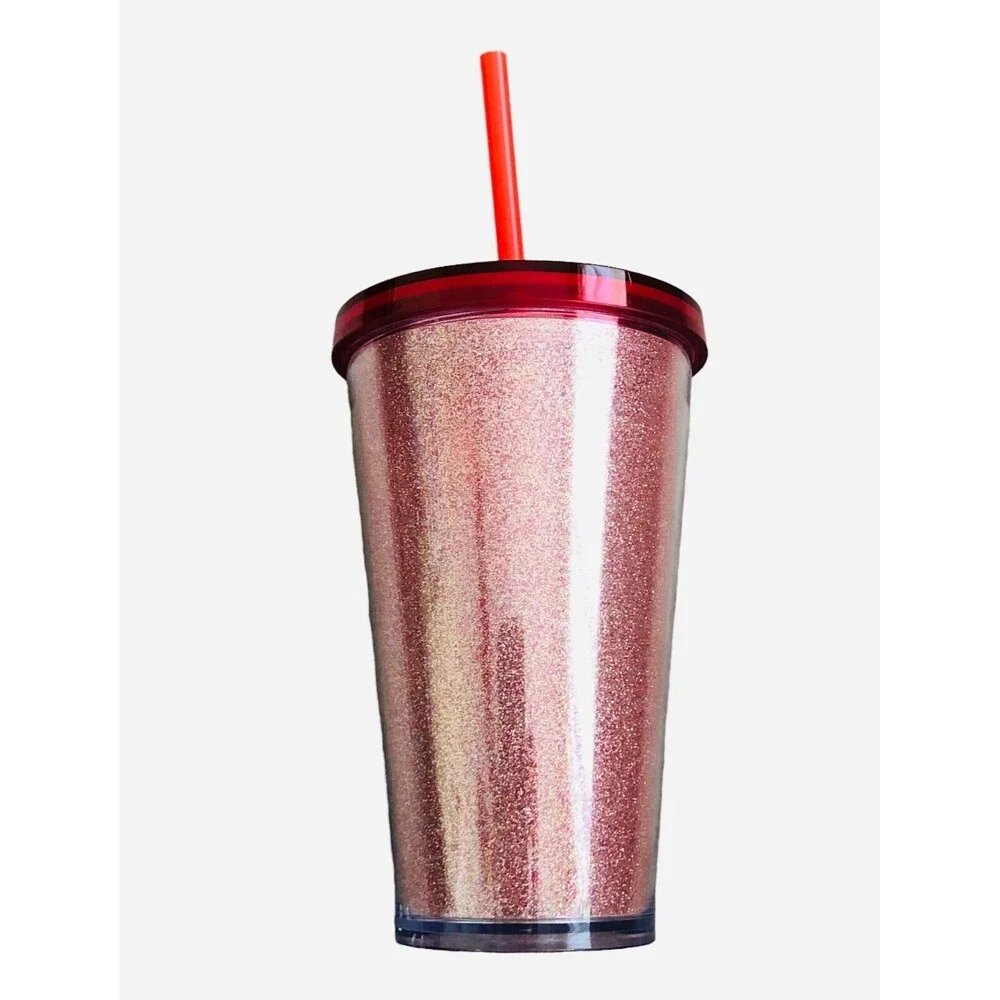 Starbucks 16oz Grande Cold Cup Tumbler Pink And Red Glitter Holiday 2014 NEW